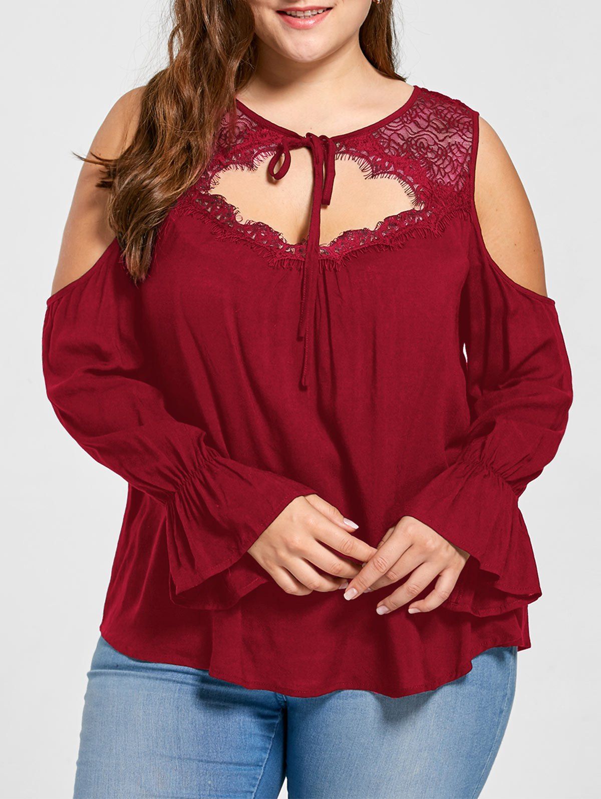 

Plus Size Lace Yoke Cold Shoulder Blouse, Red