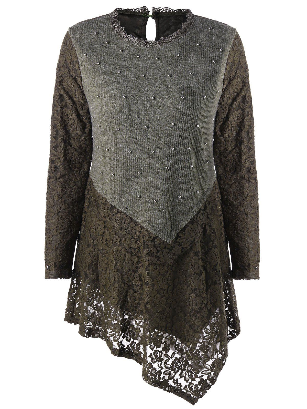 

Faux Pearl Plus Size Asymmetric Lace Top, Blackish green