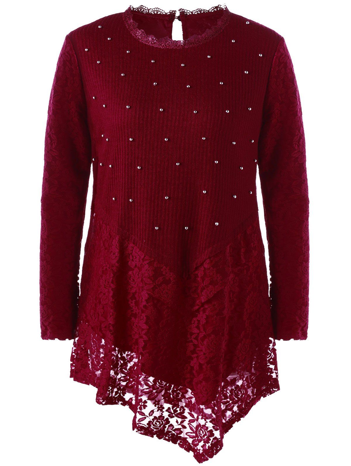 

Faux Pearl Plus Size Asymmetric Lace Top, Wine red