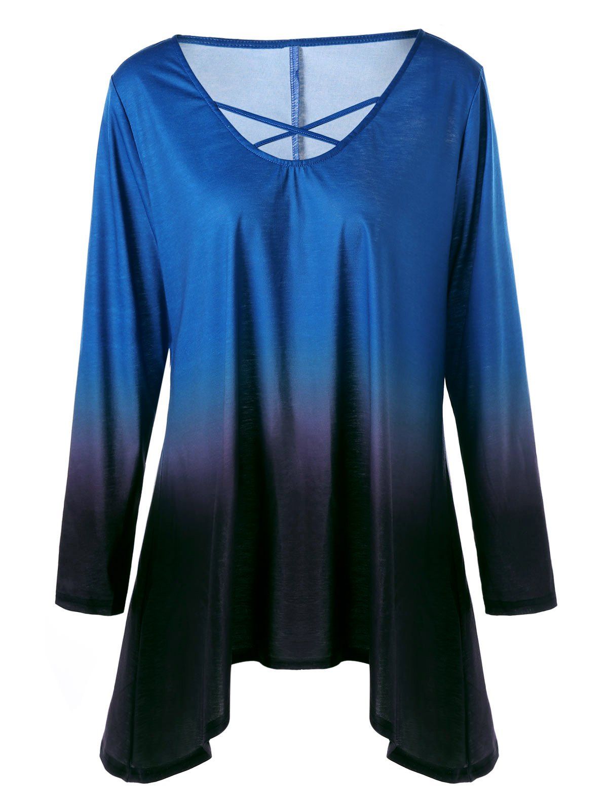 

Plus Size Long Sleeve Criss Cross Asymmetric Ombre T-shrit, Colormix