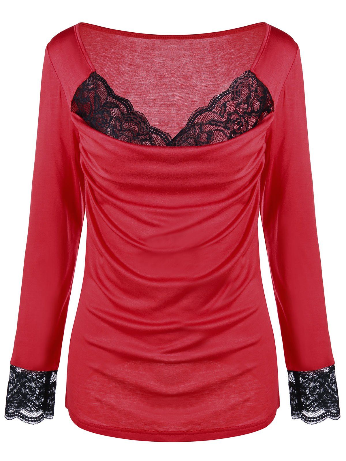 

Lace Trim V Neck Ruched Top, Red