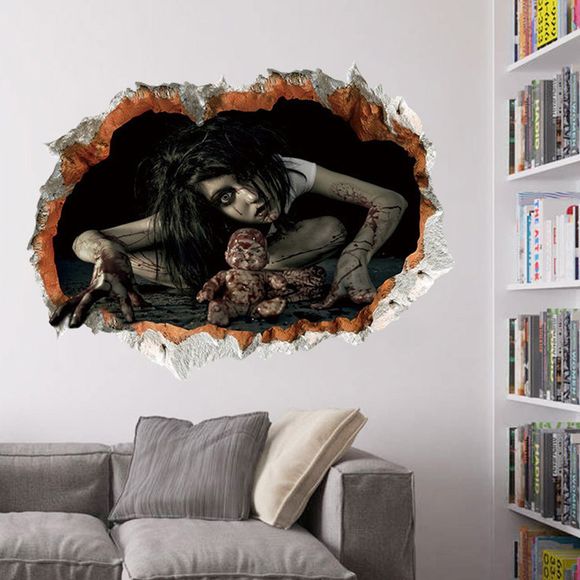 Autocollant D'art Mural Cassé Halloween Zombie 3D - Noir 