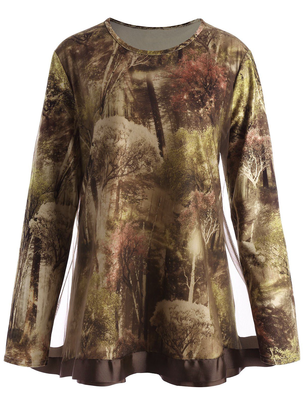 

Plus Size Forest Print Mesh Panel T-shirt, Light brown