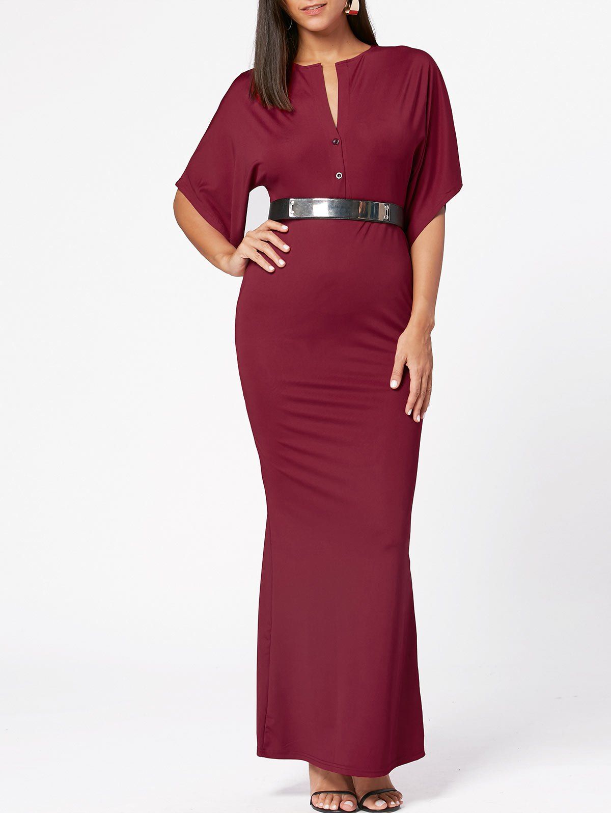 

Raglan Sleeve V Neck Bodycon Maxi Dress, Wine red