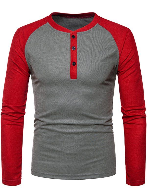 

Color Block Raglan Sleeve Henley T-Shirt, Iron grey