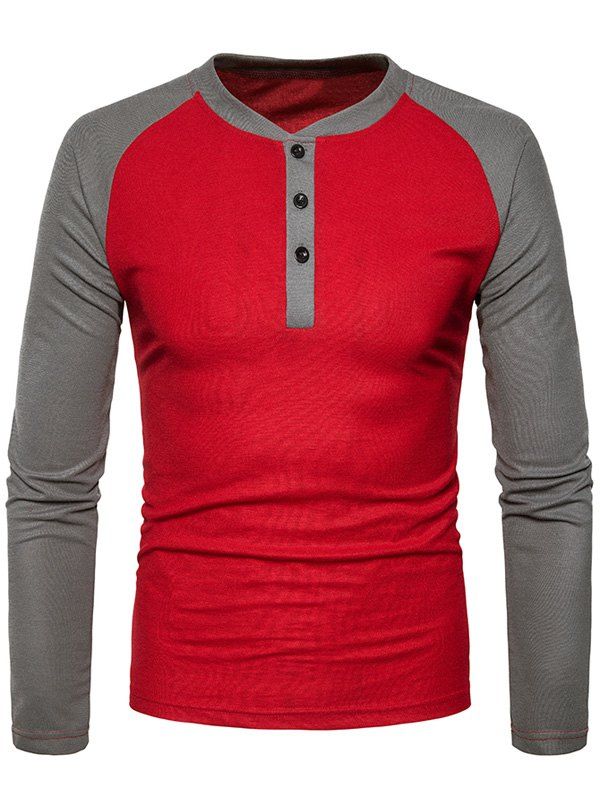 

Color Block Raglan Sleeve Henley T-Shirt, Wine red