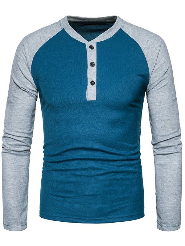 

Color Block Raglan Sleeve Henley T-Shirt, Blue