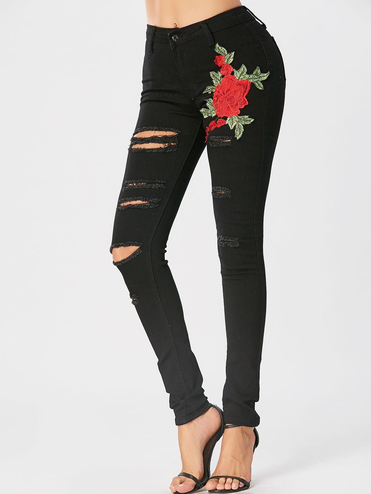 [17% OFF] 2020 High Waisted Floral Embroidered Ripped Jeans In BLACK ...