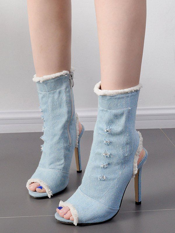 [62% OFF] 2020 Denim Peep Toe Stiletto Heel Boots In BLUE | DressLily