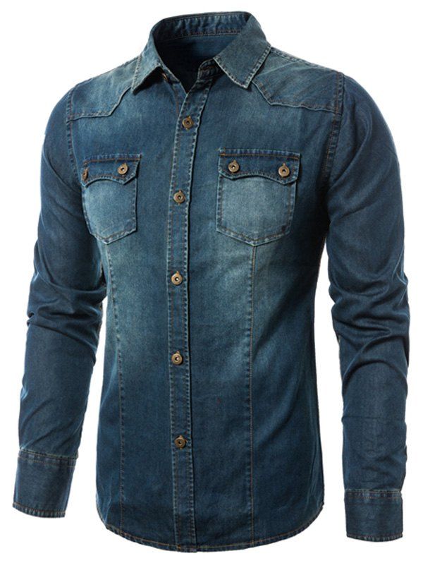 

Long Sleeve Pockets Chambray Shirt, Blue