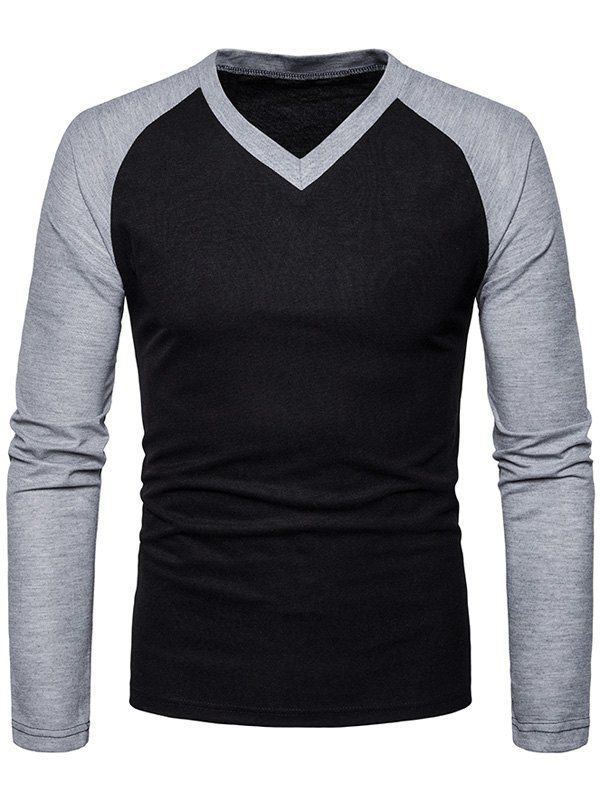 

V Neck Raglan Sleeve Color Block T-shirt, Black