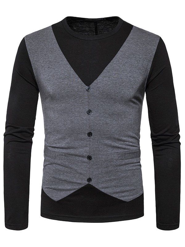 

Long Sleeve Faux Twinset Buttons T-shirt, Deep gray