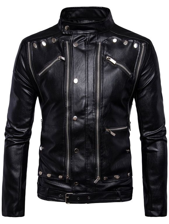 Convertible Zip Up Belted PU Biker Jacket - Noir L