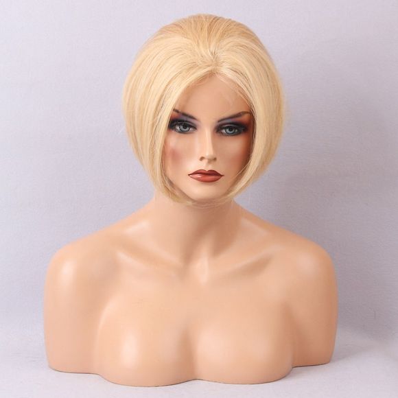 Oblique Bang Short Straight Bob Lace front cheveux humains perruque - Brun d'Or avec Blonde 