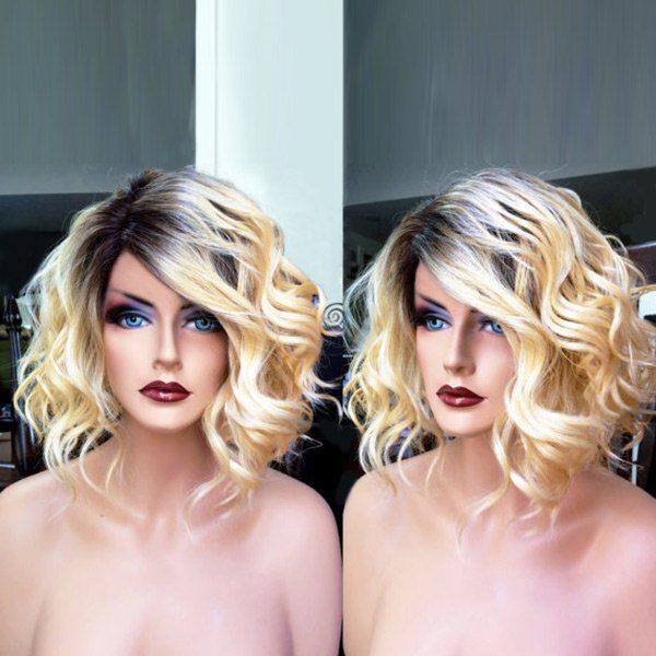 

Medium Side Parting Ombre Bouffant Wavy Human Hair Wig, Colormix