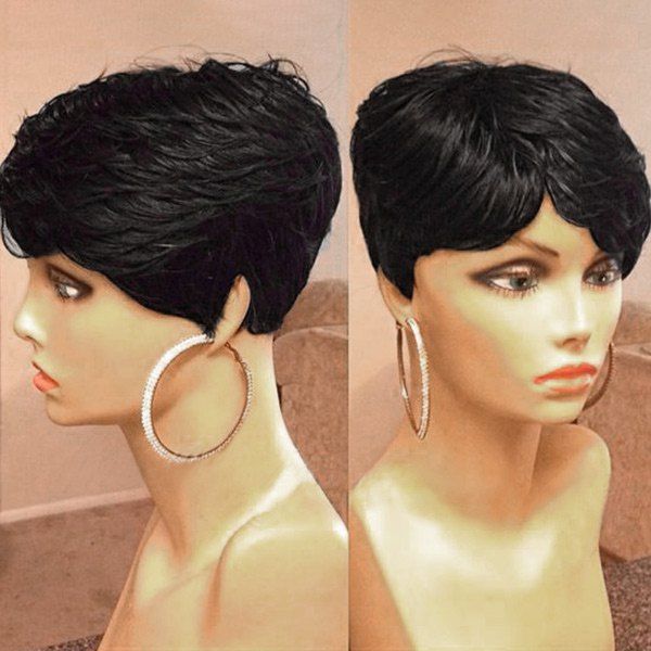 

Short Inclined Fringe Layered Textured Slightly Curled Human Hair Wig, Jet black #01