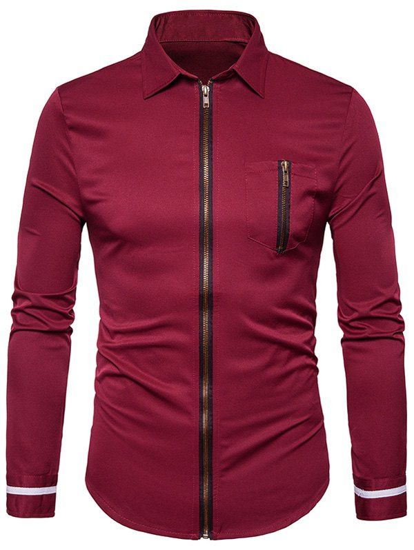 

Long Sleeve Pocket Zip Up Shirt, Wine red