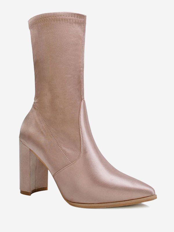 

Satin Pointed Toe Chunky Heel Boots, Champagne