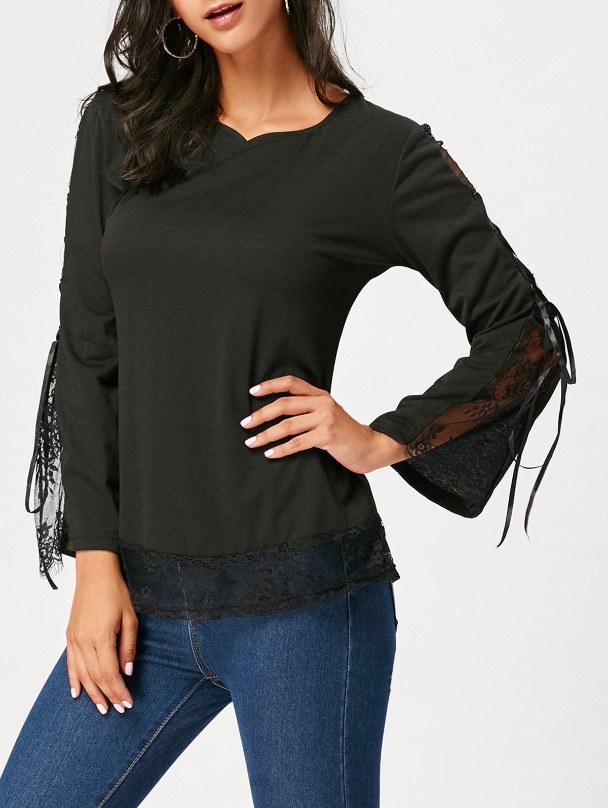 [41% OFF] 2021 Criss Cross Long Sleeve Lace Panel T-shirt In BLACK ...