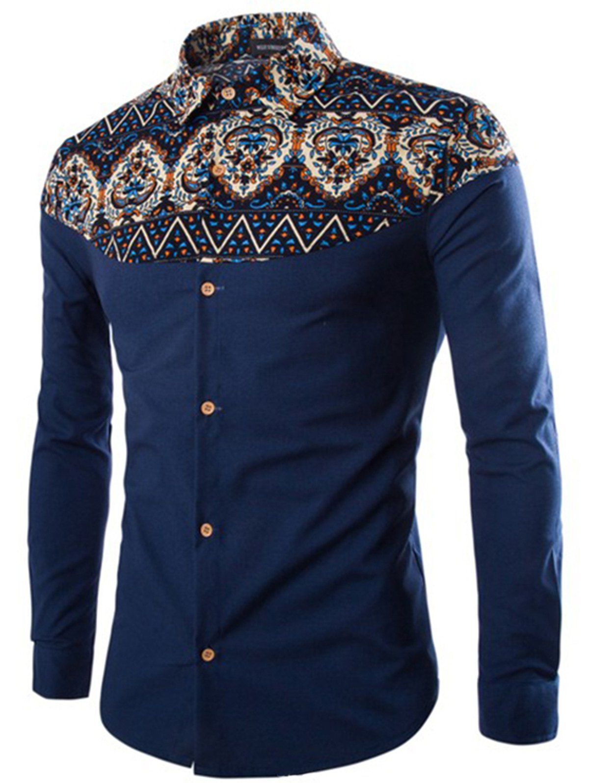 

Tribal Print Long Sleeve Linen Shirt, Blue