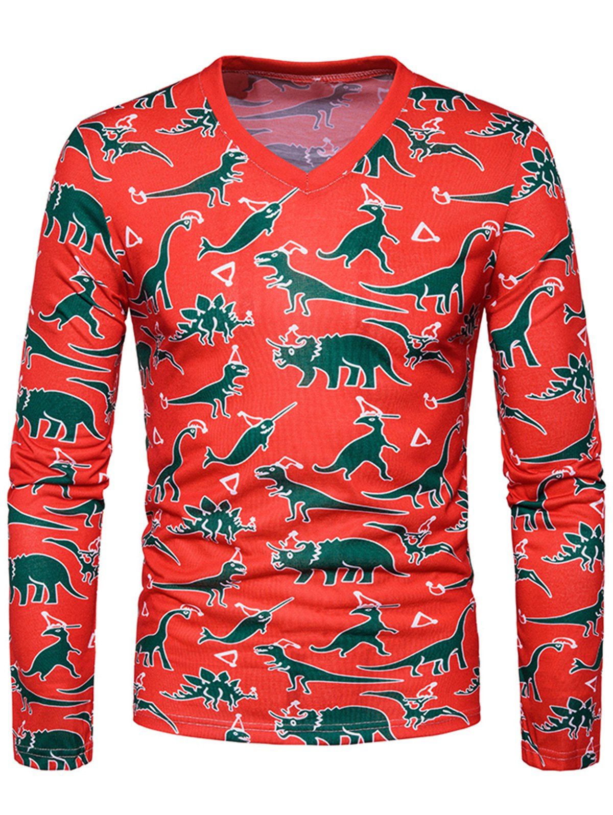 

3D Dinosaurs Cartoon Print Long Sleeve T-shirt, Red