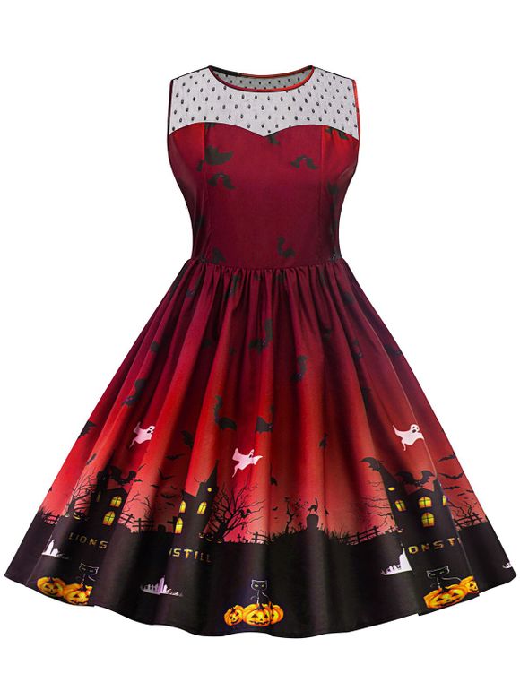 Robe Grande Taille Halloween à Empiècement en Dentelle - Rouge vineux XL