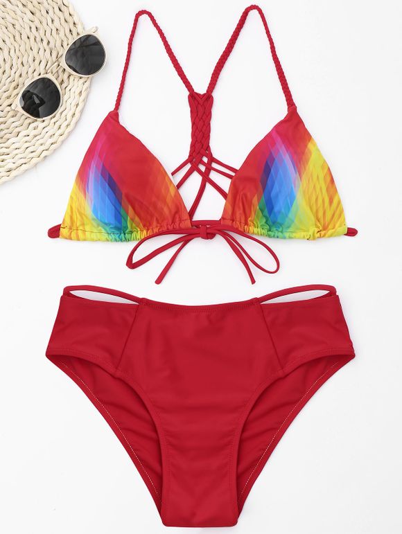 Ensemble de bikini à bretelles tressées en arc-en-ciel - Rouge XL