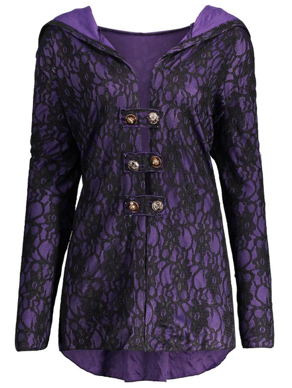 Manteau à Capuche Lacé Dentelle Grande Taille - Noir et Violet XL