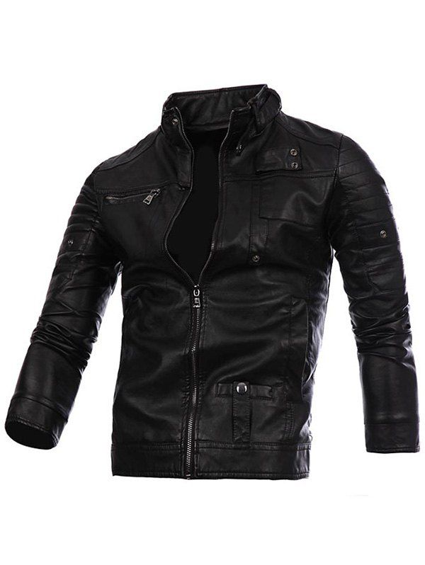 

Stand Collar Zip Up PU Leather Jacket, Black