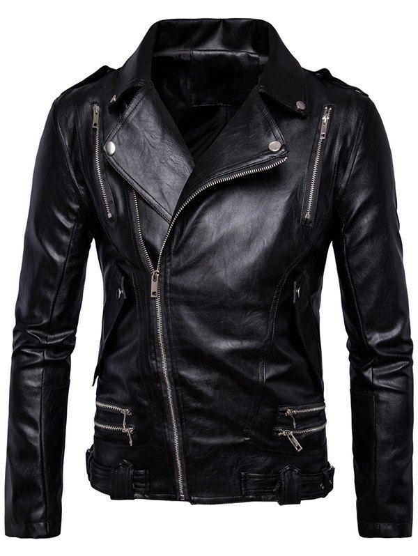 

Asymmetrical Zip Epaulet Design Faux Leather Jacket, Black