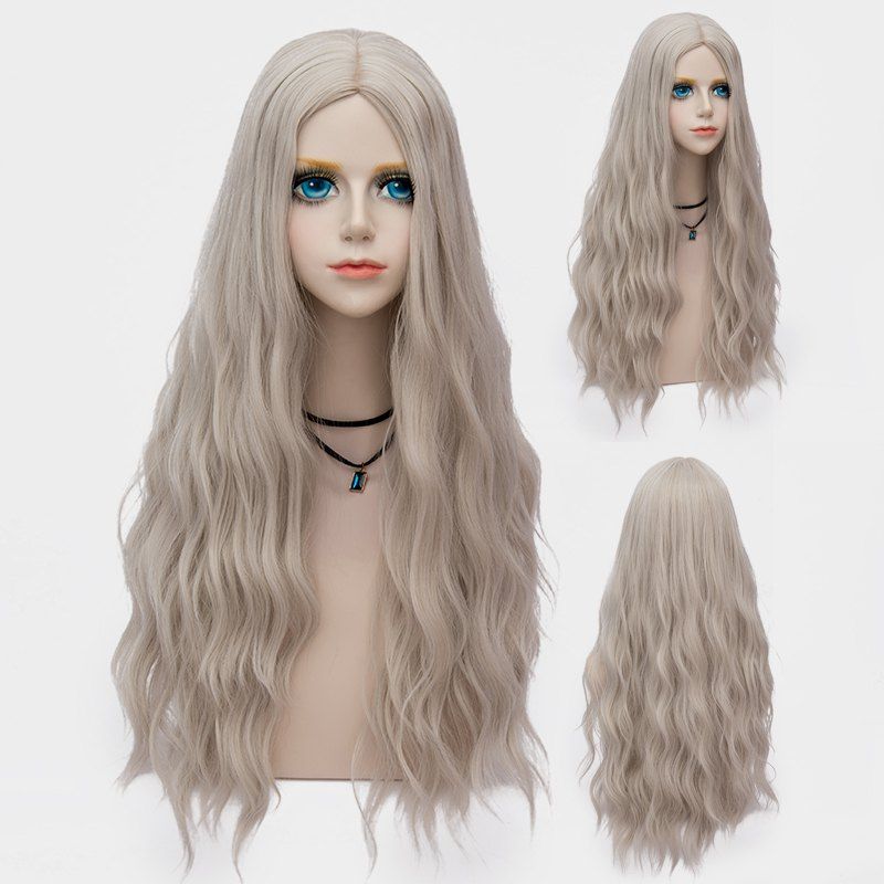 

Middle Part Long Fluffy Water Wave Synthetic Party Wig, Grey white