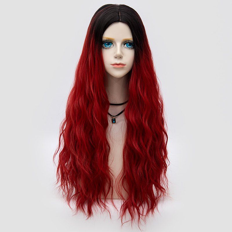 

Middle Part Long Fluffy Water Wave Synthetic Party Wig, Deep red