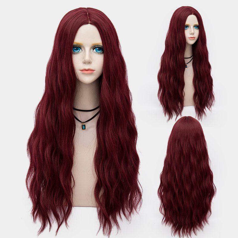 

Middle Part Long Fluffy Water Wave Synthetic Party Wig, Dark red