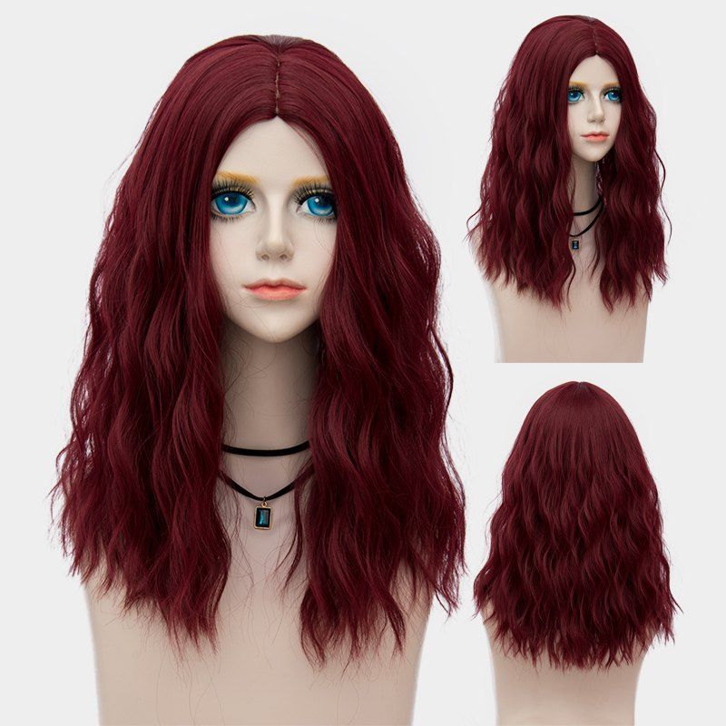 

Medium Fluffy Center Parting Water Wave Synthetic Party Wig, Dark red