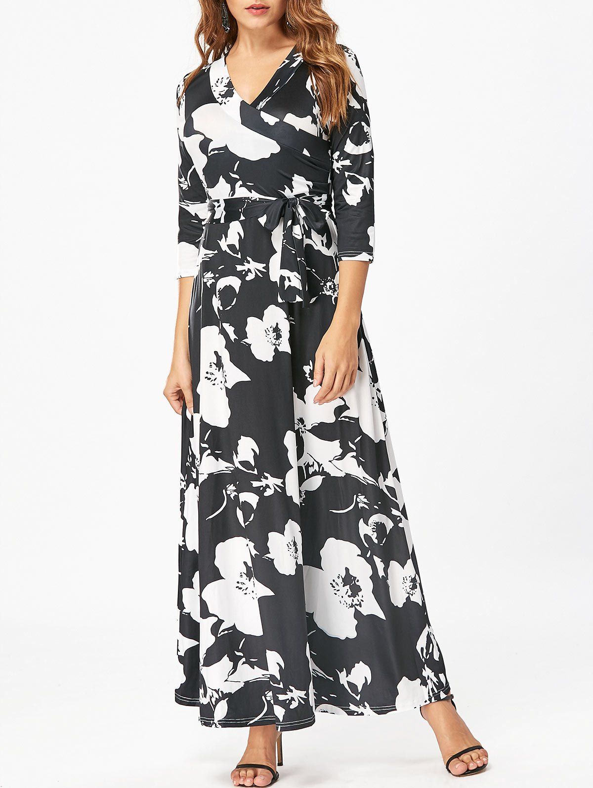 

Surplice Floral Print Belted Maxi Dress, Black