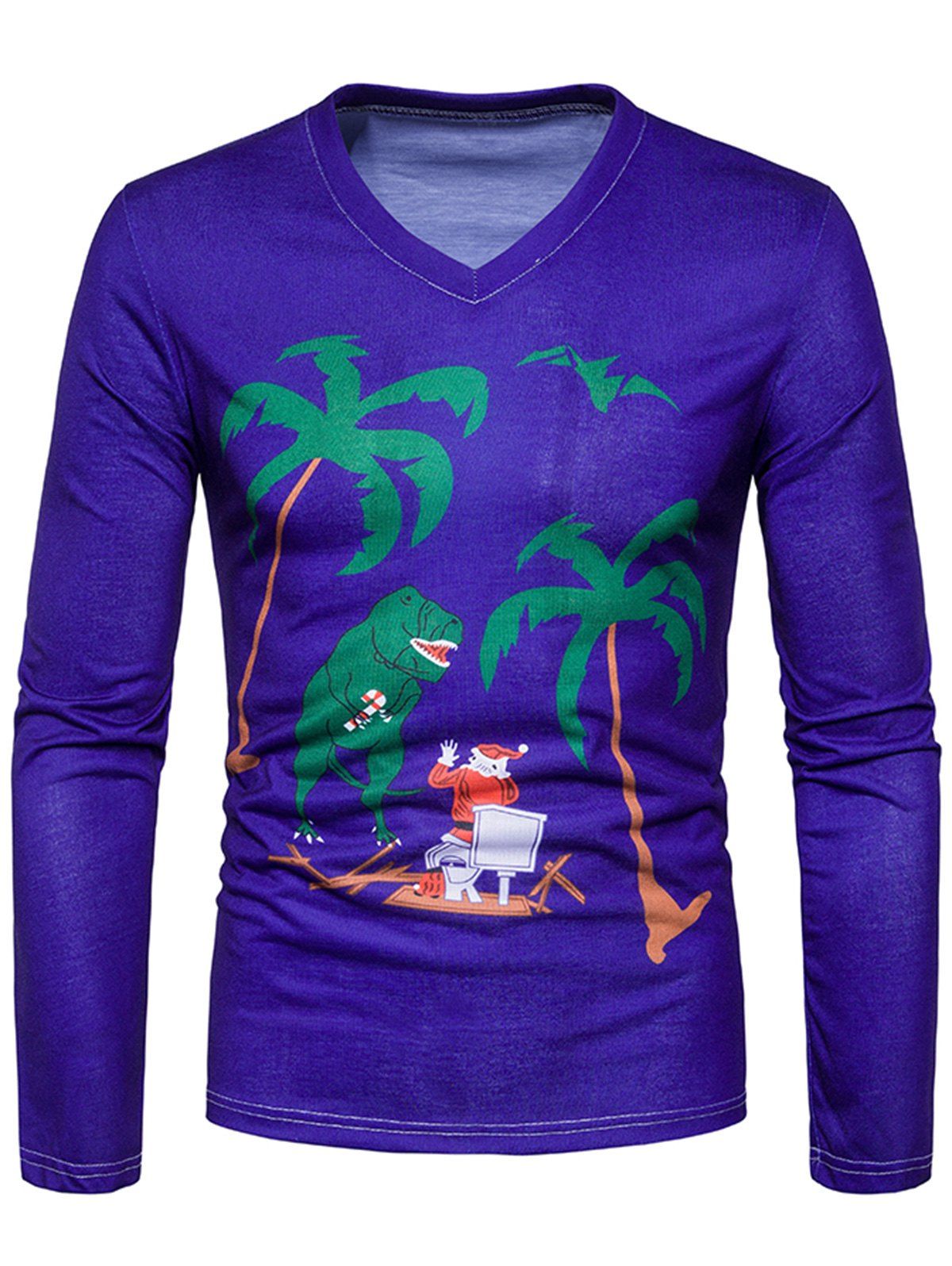 3D Dinosaur Santa Cartoon Print T-shirt - BLUE 2XL