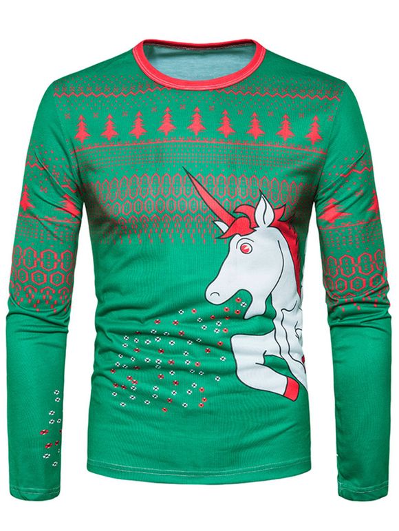 T-shirt de Noël 3D Géométrique Unicorne Imprimé - Vert L