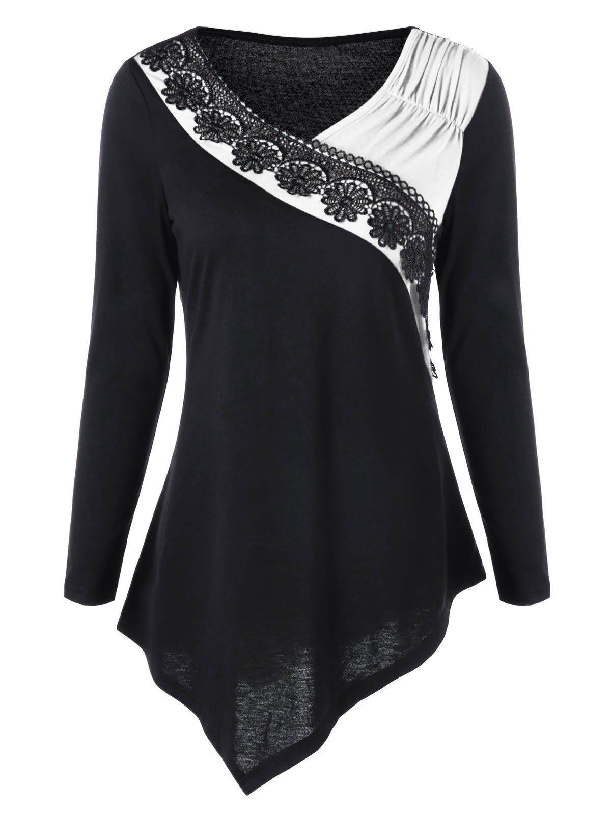 

Two Tone Lace Trim Asymmetric Top, White