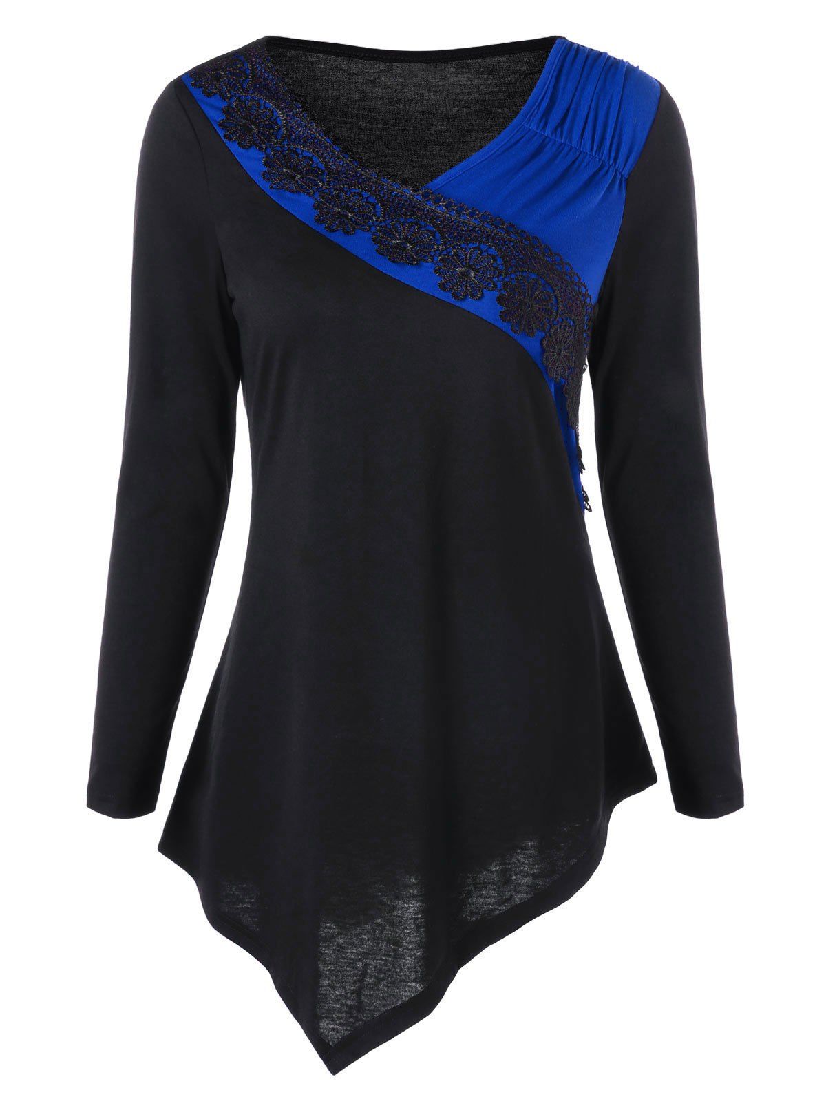 

Two Tone Lace Trim Asymmetric Top, Blue