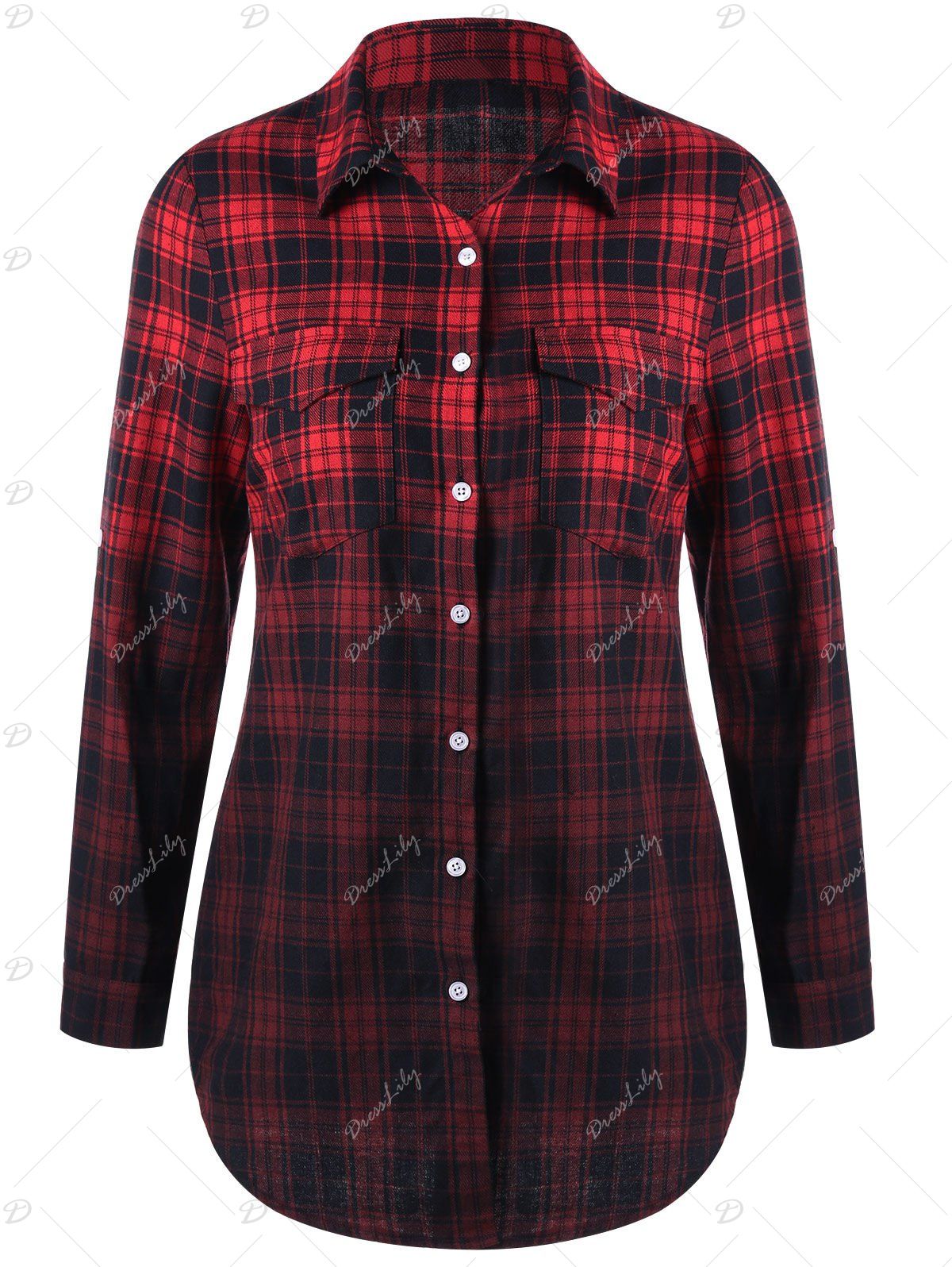 2018 Flap Pockets Ombre Plaid Shirt BLACK/RED M In Blouses Online Store