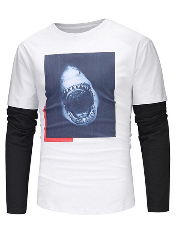T-shirt 3D Requin Féroce Imprimé Faux Deux Pièces - Blanc 2XL