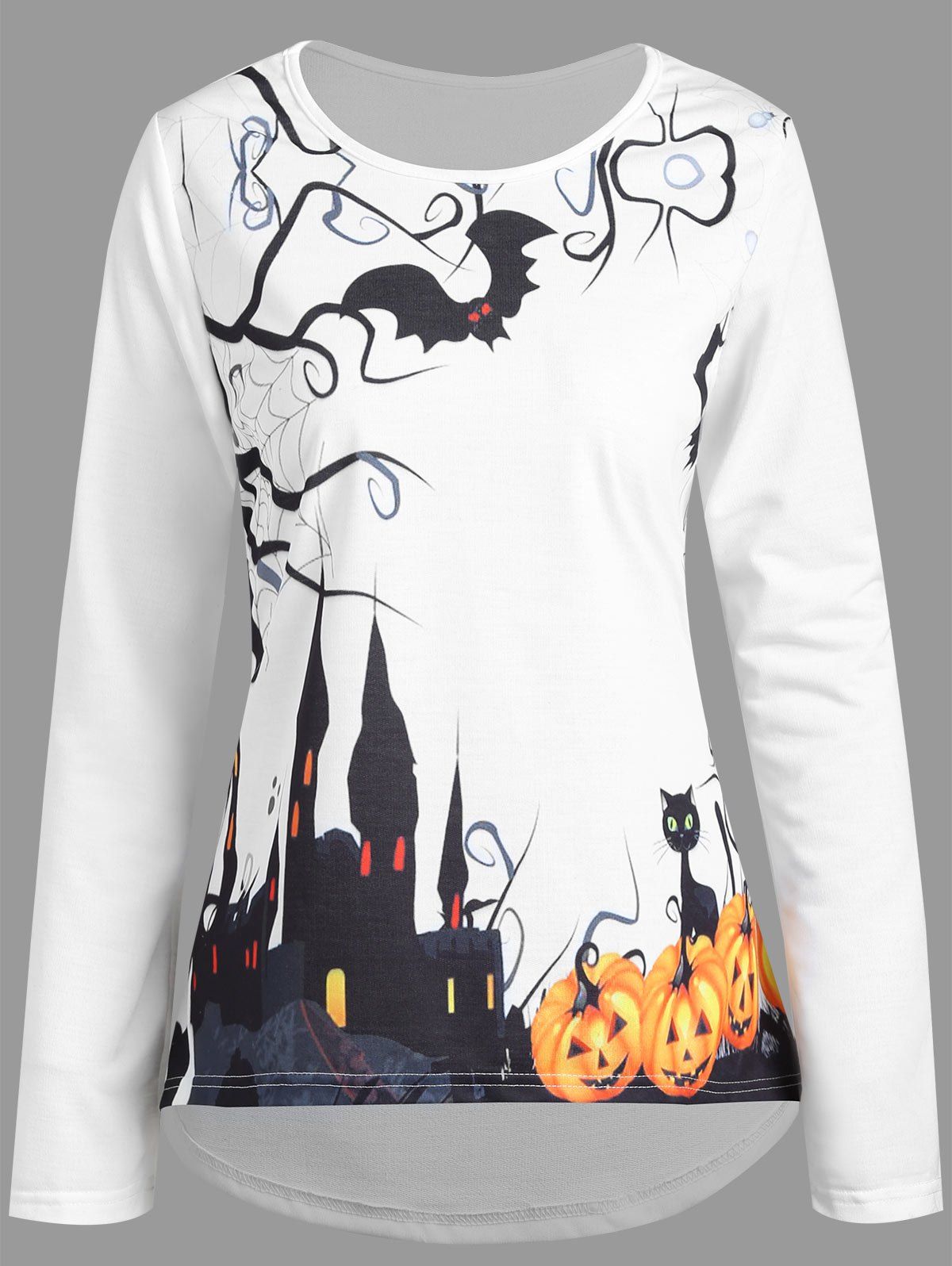 

Plus Size Halloween Castle Pumpkin High Low Tee, White