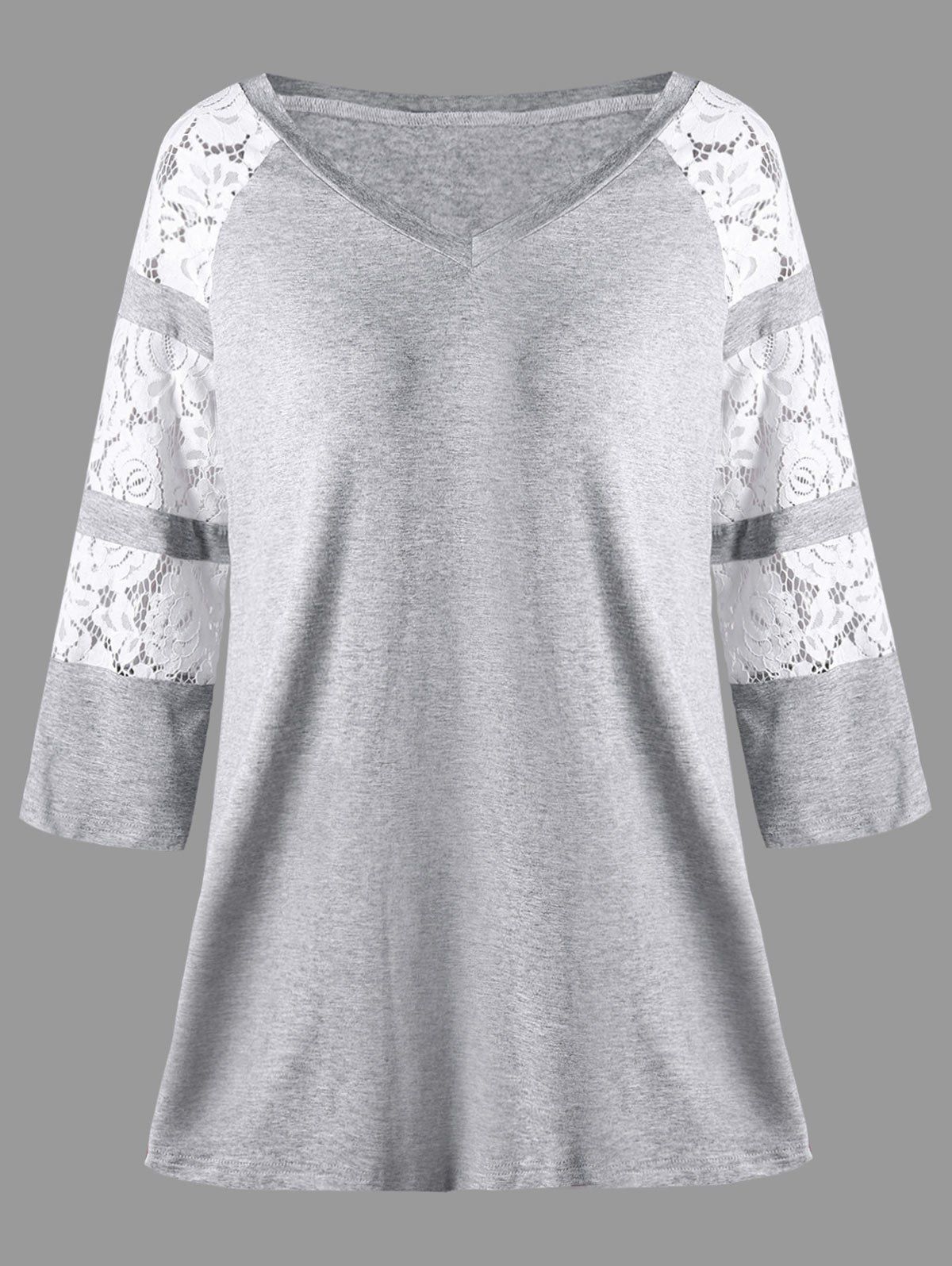 

Plus Size Lace Insert Marled V Neck T-shirt, Gray