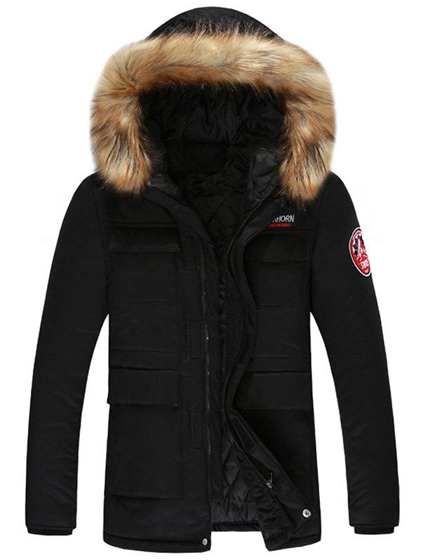 

Magic Tape Pocket Detachable Hooded Parka Jacket, Black
