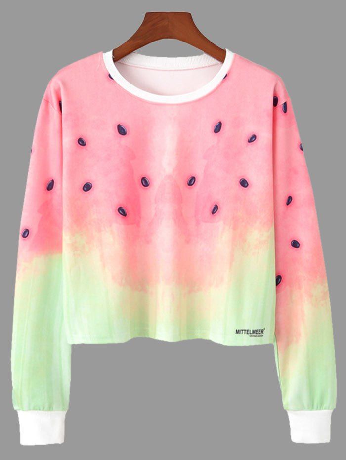

Ombre Color Watermelon Print Cropped Sweatshirt, Colormix
