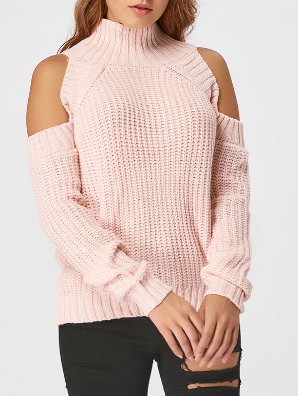 Mock Neck Cold Shoulder Sweater - Rose ONE SIZE