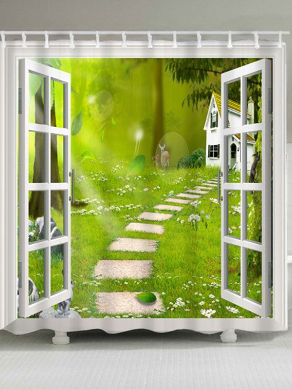 

Waterproof Window Scenery Bath Curtain, Green