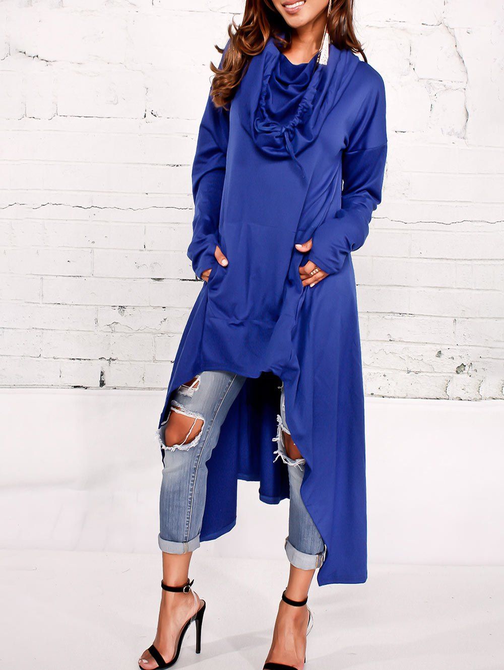 

Kangaroo Pocket Asymmetric Maxi Hoodie, Blue