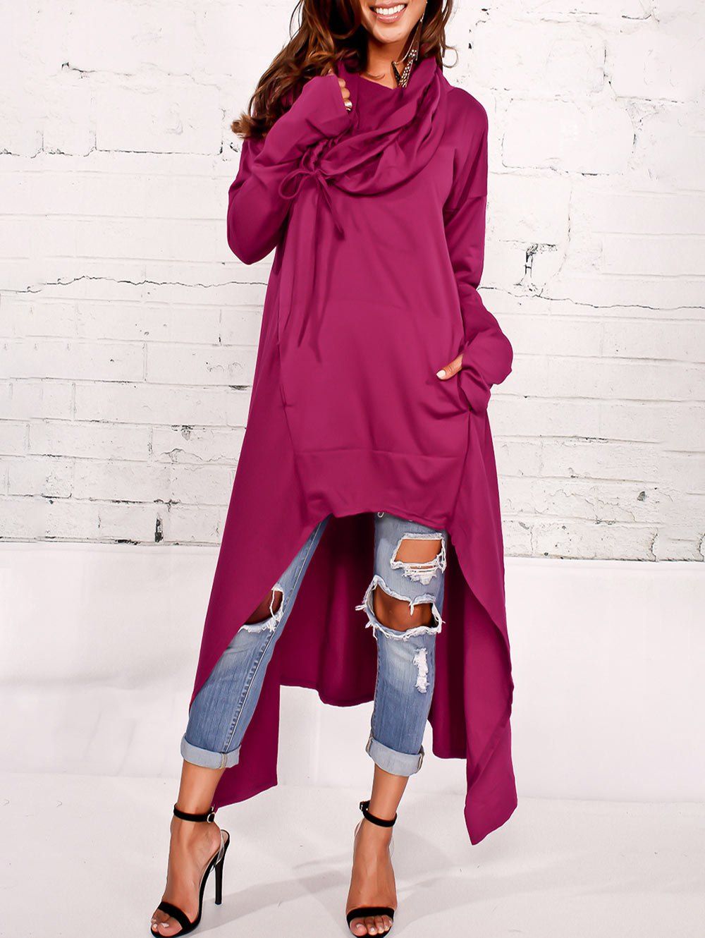 

Kangaroo Pocket Asymmetric Maxi Hoodie, Purplish red