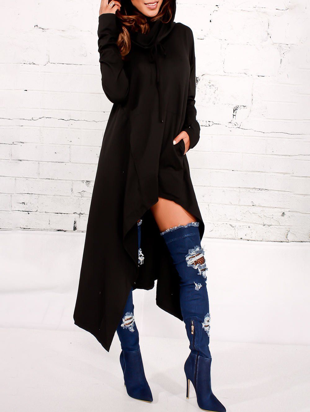 

Kangaroo Pocket Asymmetric Maxi Hoodie, Black